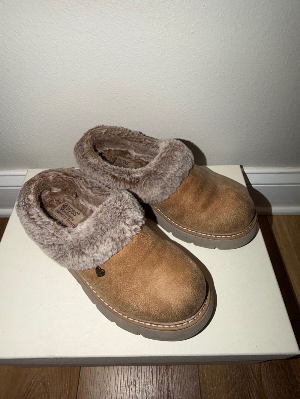 BOBS by Skechers Brown Faux Fur Memory Foam Clogs Slip On Shoes